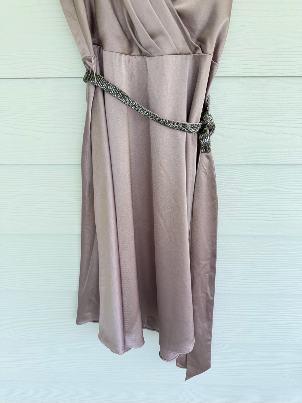 NWT Lauren Ralph Lauren Dress Size 16 Mauve Satin Faux Wrap Midi Beaded Belt - Picture 4 of 11